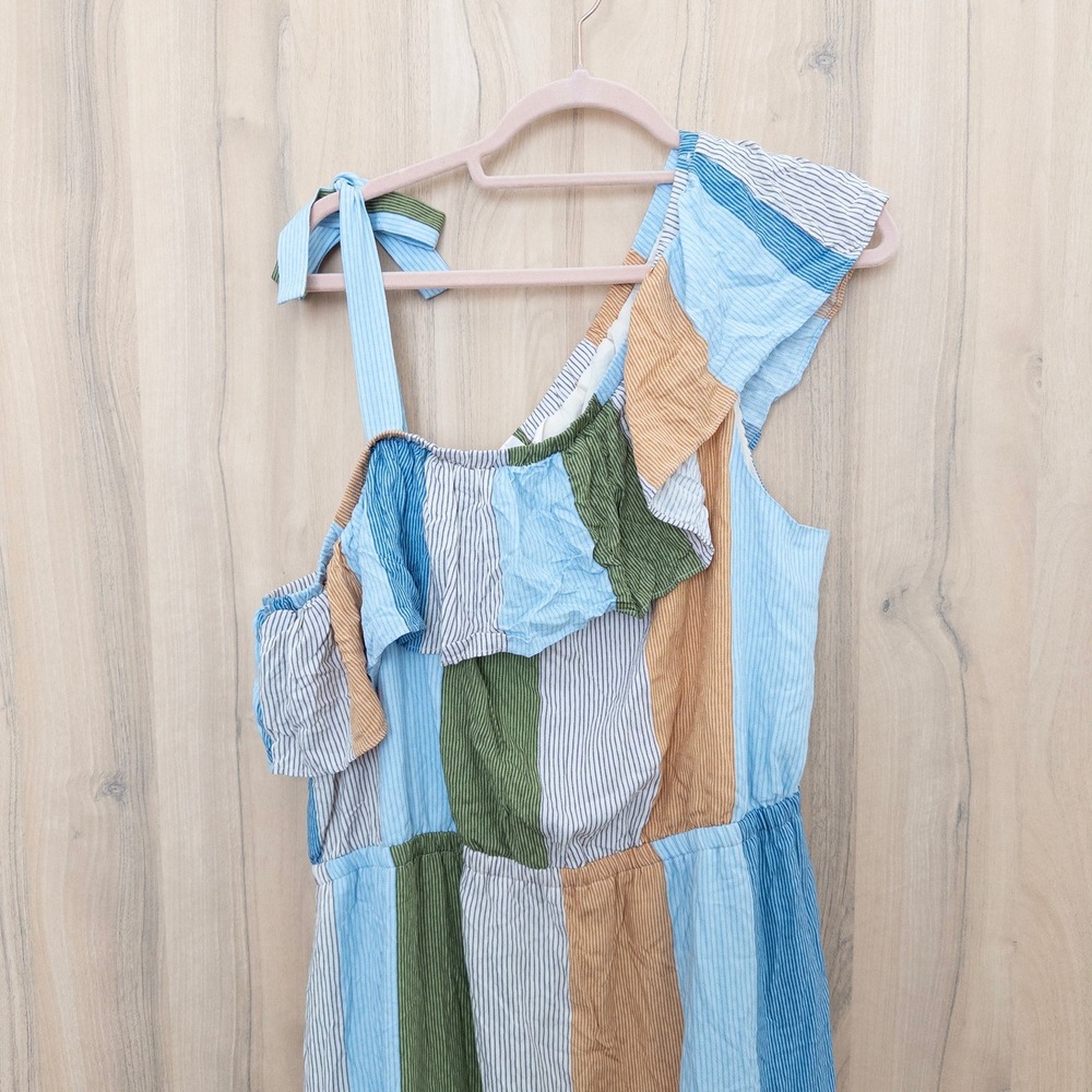 Lauren Conrad Tiered Maxi Dress XXL Stripe One Shoulder Cottage Coastal Boho - Picture 2 of 7